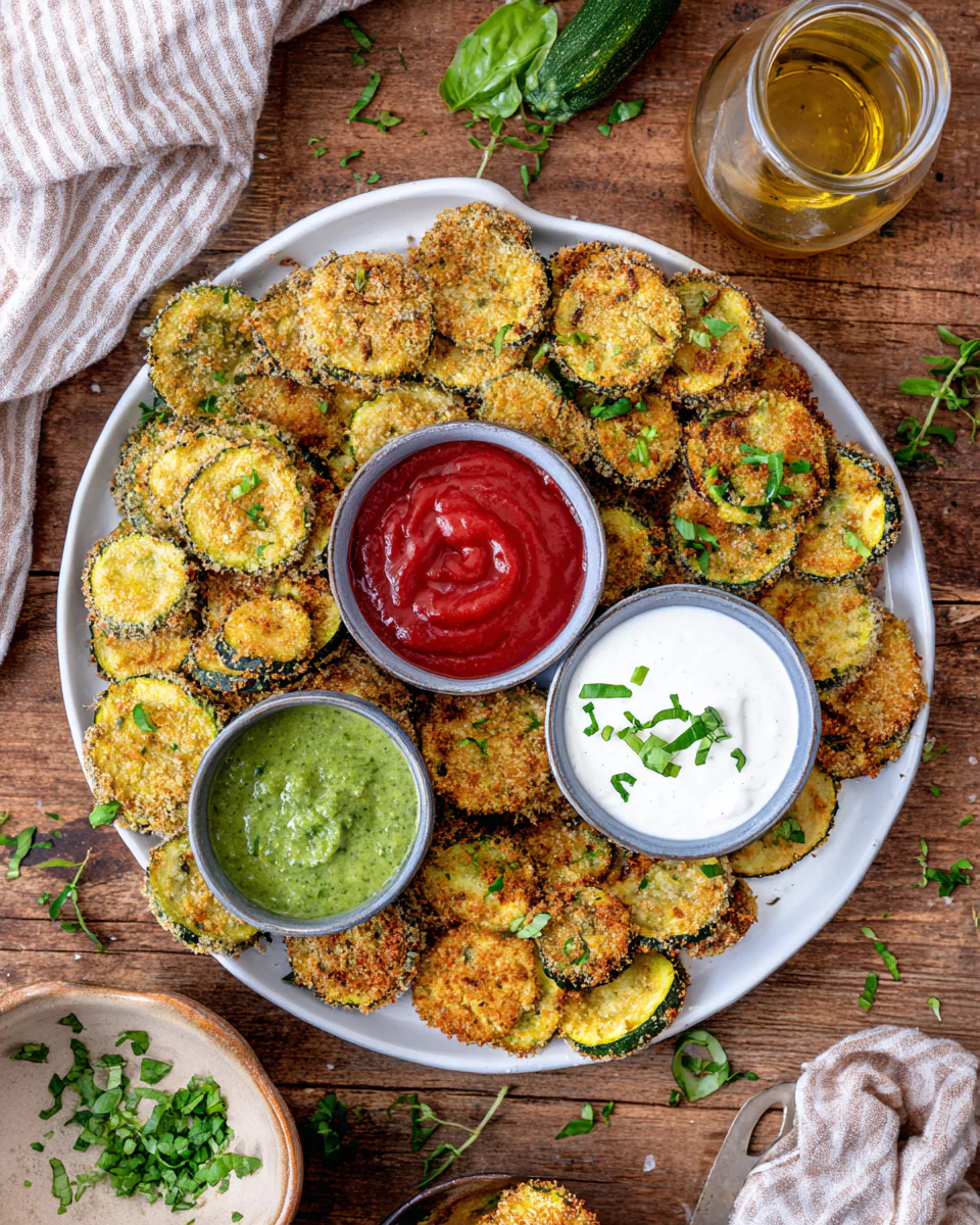 Air Fryer Zucchini Chips with dipping sauces