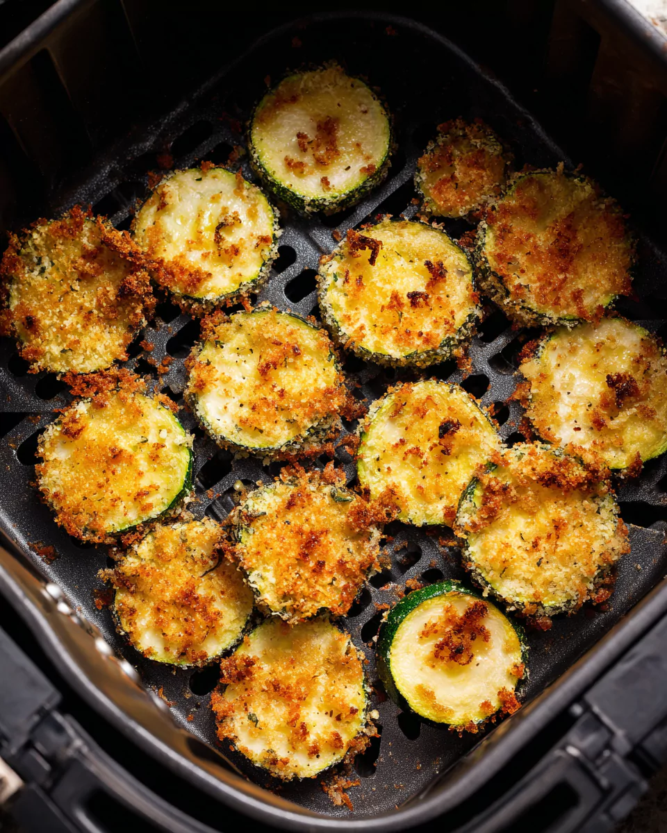 Air fryer zucchini chips cooking golden brown in basket