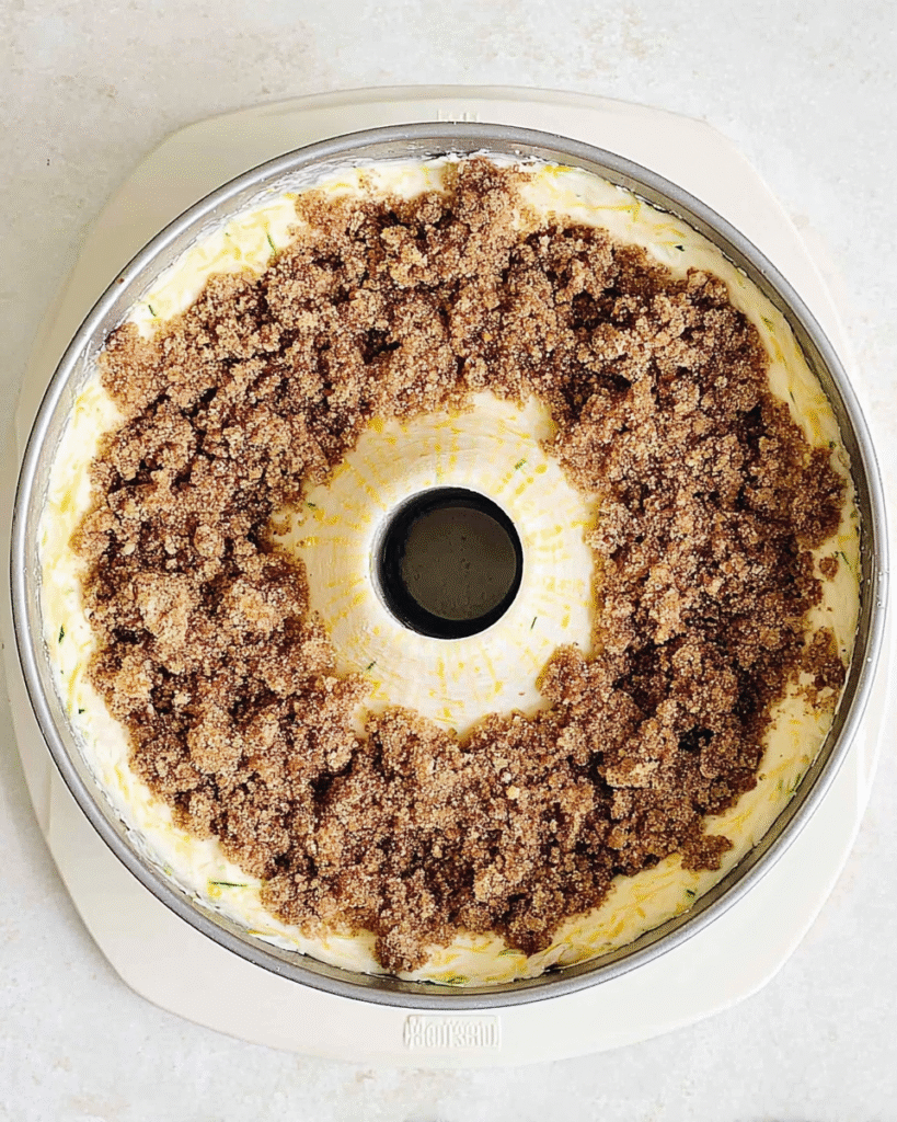 Bundt pan filled with zucchini batter and streusel