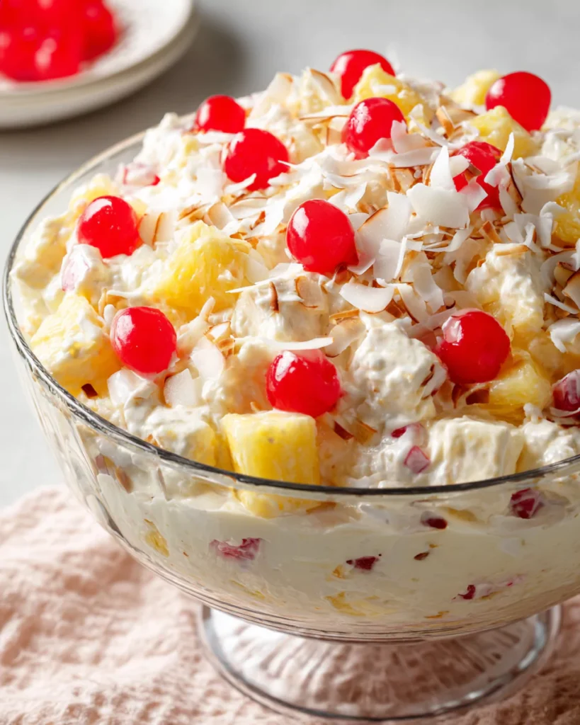 Cherry Pineapple Fruit Salad in a glass bowl