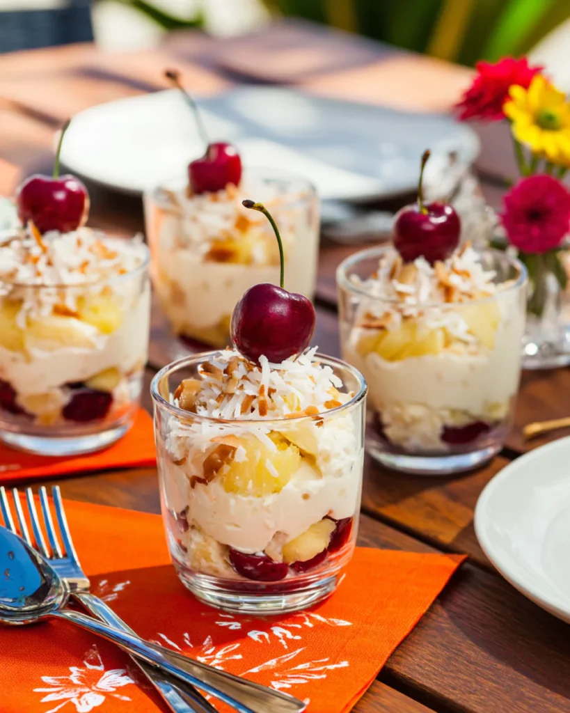 Cherry Pineapple Fruit Salad served in parfait glasses
