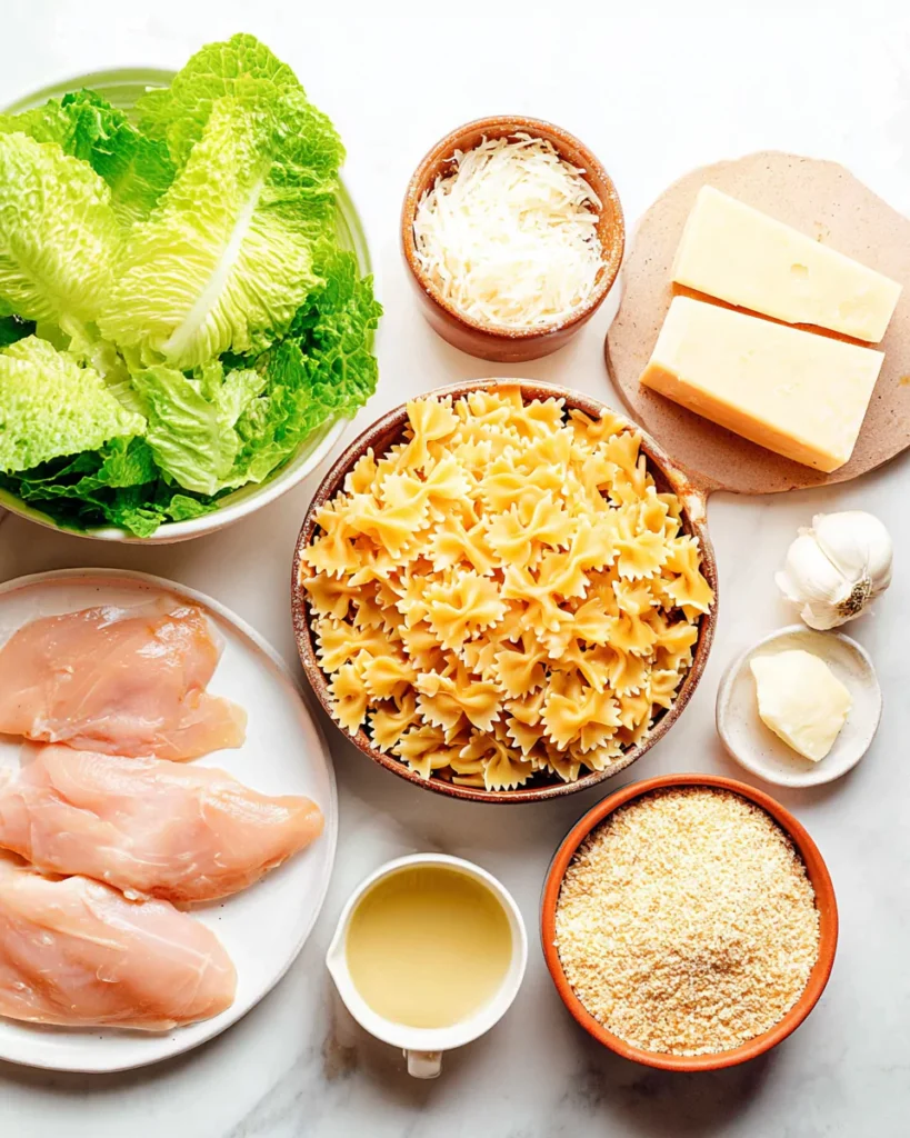 chicken caesar pasta salad ingredients laid out