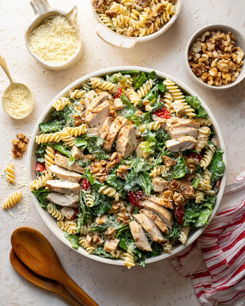 chicken caesar pasta salad recipe card image