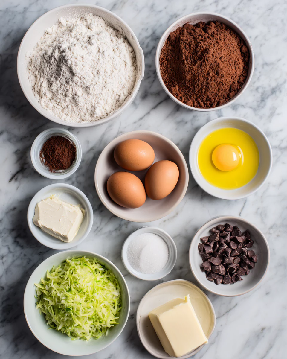 Chocolate zucchini bread ingredients laid out