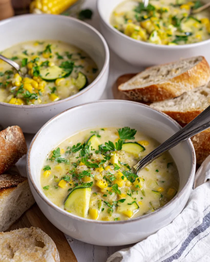 Serving Corn and Zucchini Chowder in bowls