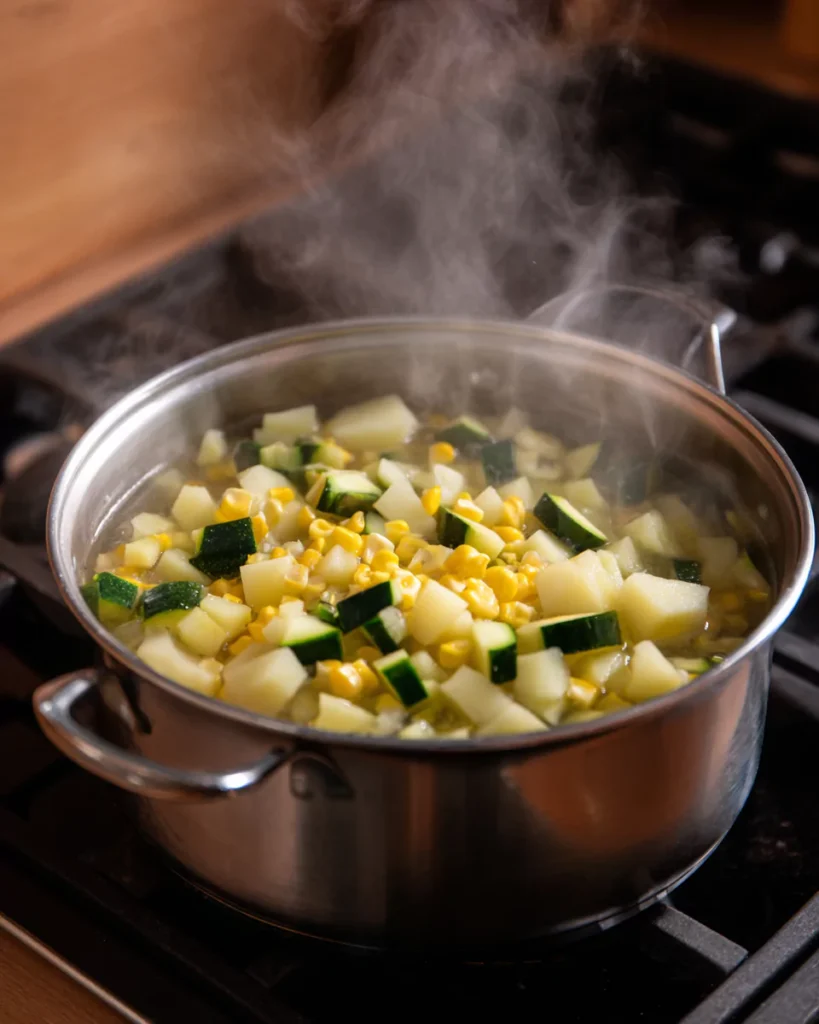 Corn, potatoes, and zucchini simmering in chowder