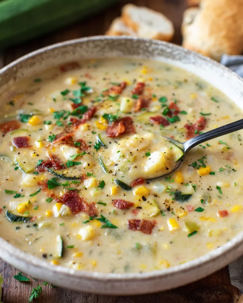 Corn and Zucchini Chowder served in rustic bowl