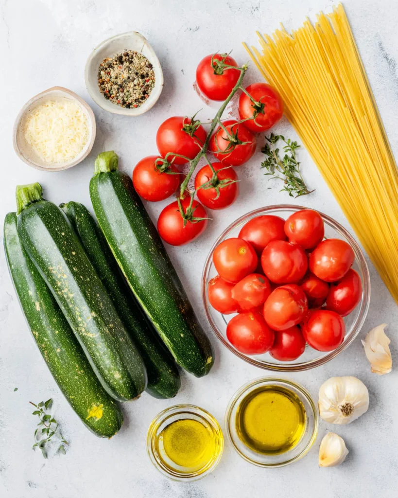 Ingredients for Healthy Tomato Zucchini Pasta