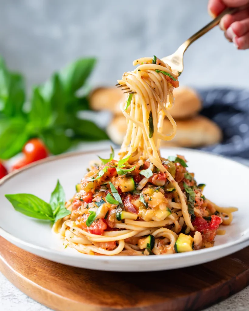 Served bowl of Healthy Tomato Zucchini Pasta