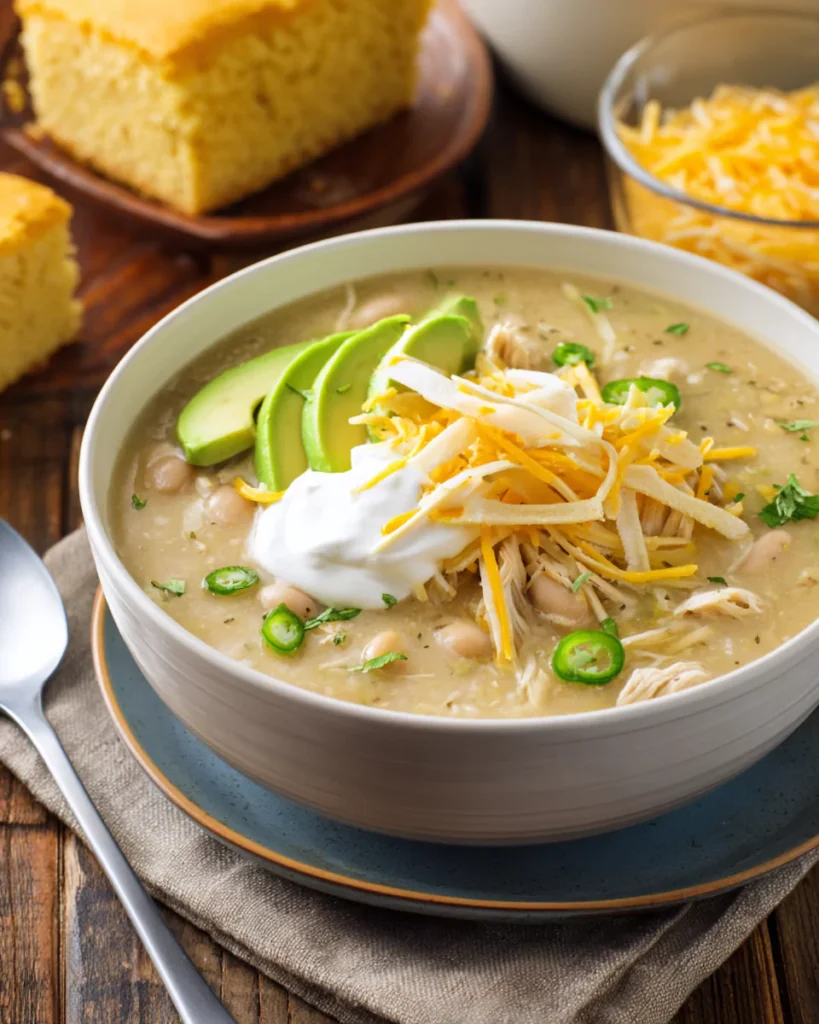 Serving Instant Pot White Chicken Chili with toppings