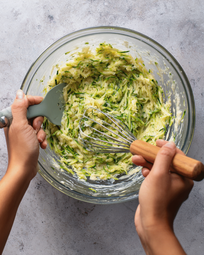 Mixing zucchini batter for bundt cake
