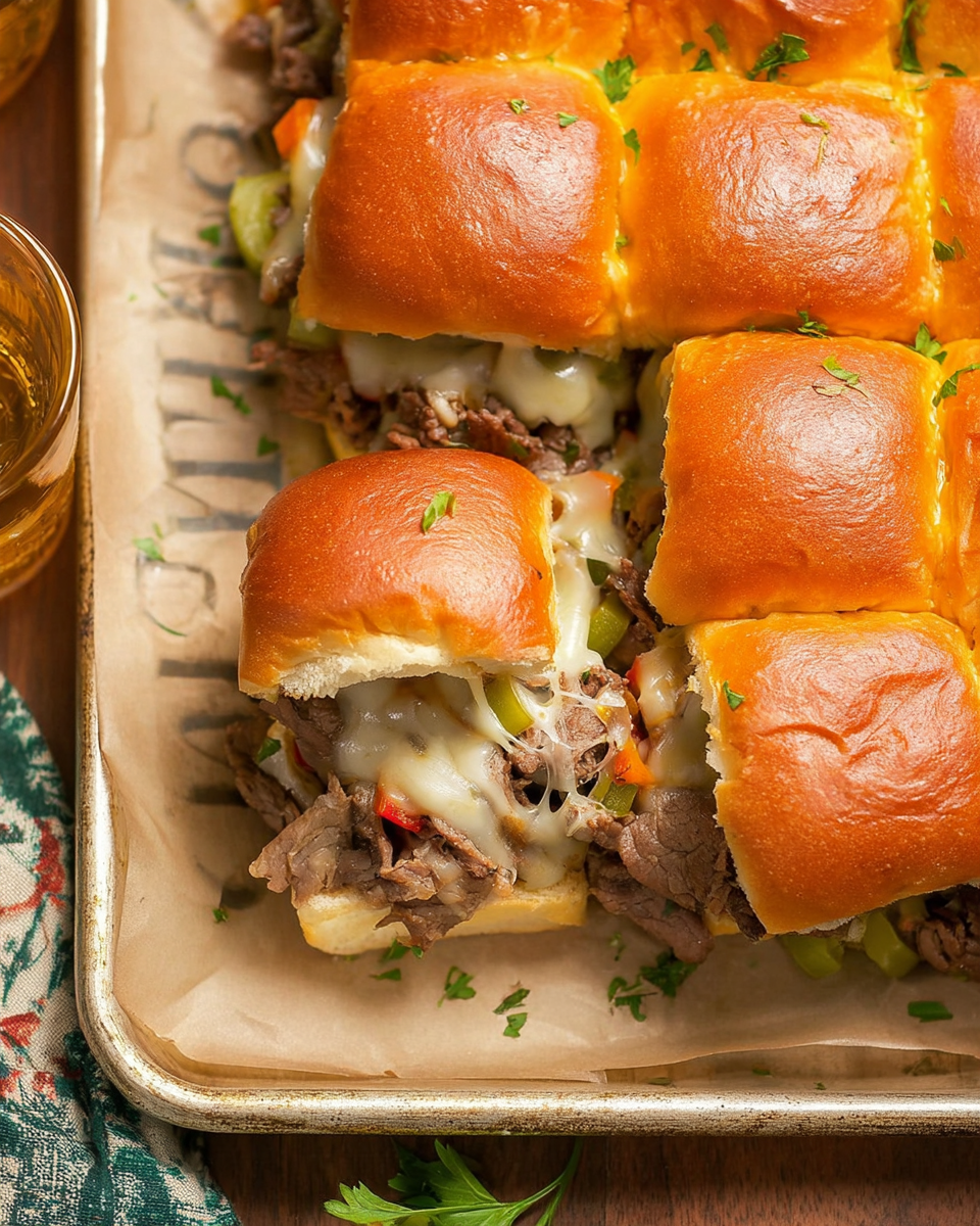 Philly cheesesteak sliders on tray with melted provolone