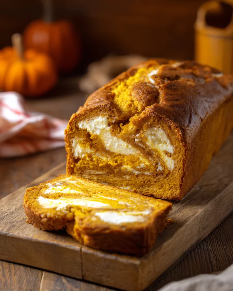 Pumpkin cream cheese bread loaf with swirl