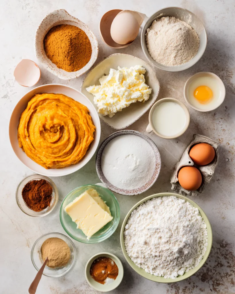 Pumpkin cream cheese bread ingredients flat lay