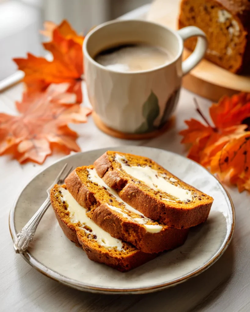 Pumpkin cream cheese bread slices served with coffee