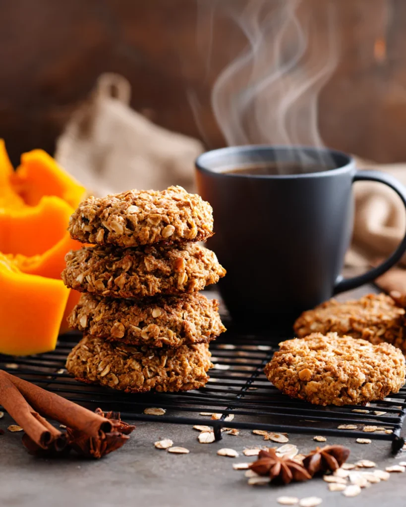 Fresh baked pumpkin oat cookies cooling on rack