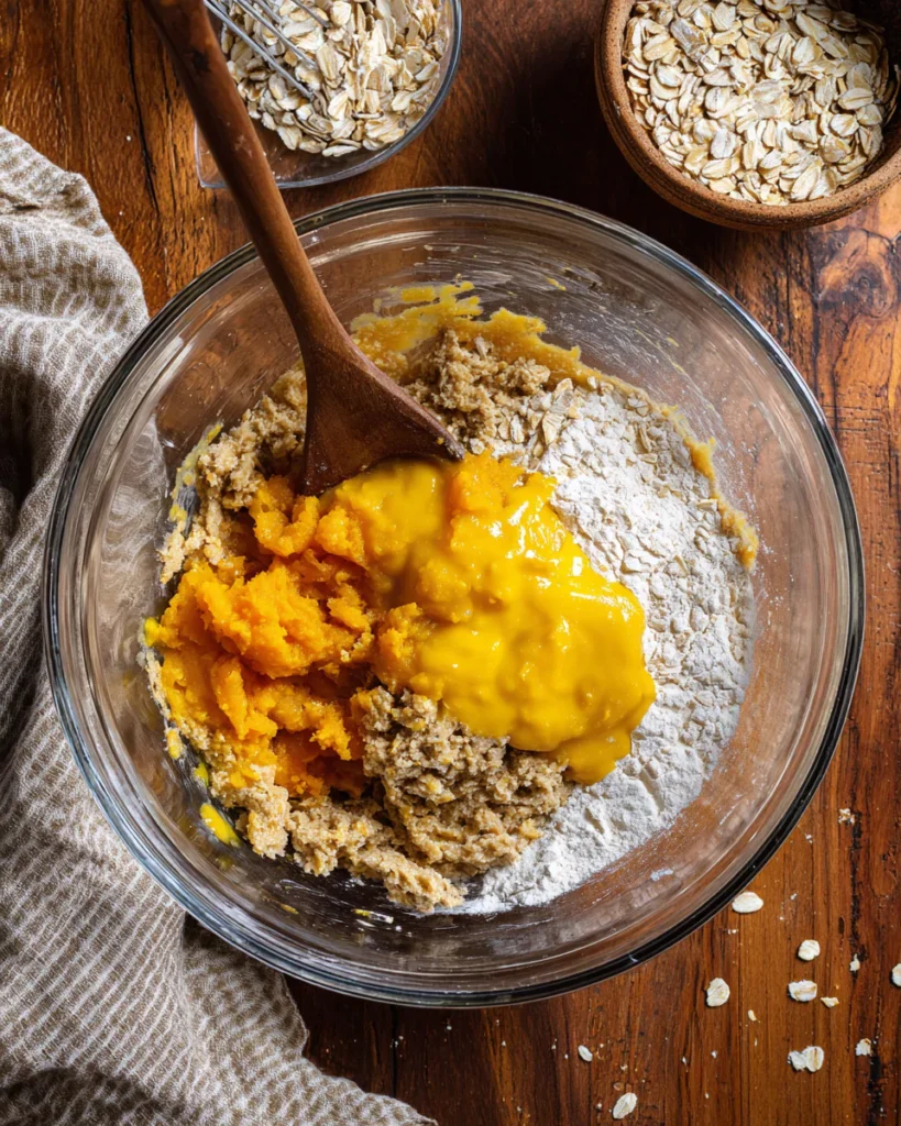 Adding oats and pumpkin puree to cookie dough