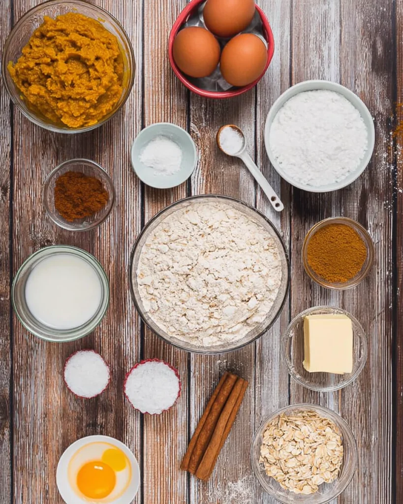 Pumpkin oatmeal muffins recipe ingredients on rustic table