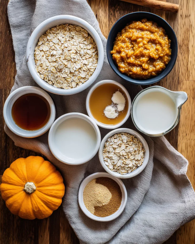 Pumpkin pie oatmeal ingredients on table