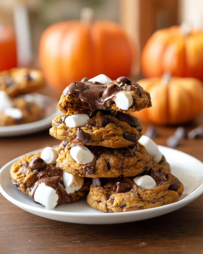 Serving pumpkin s’mores cookies on plate