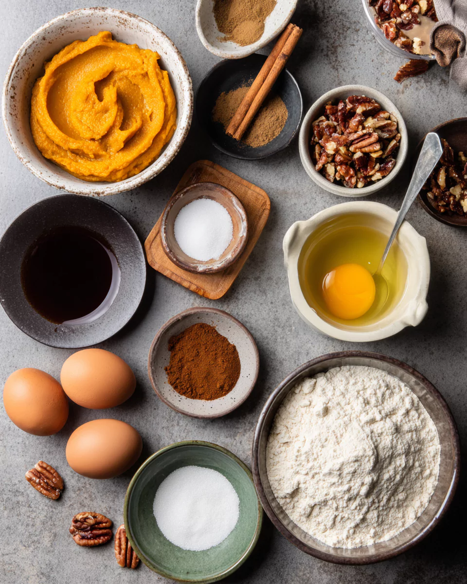 Pumpkin spice coffee cake ingredients displayed on a kitchen counter