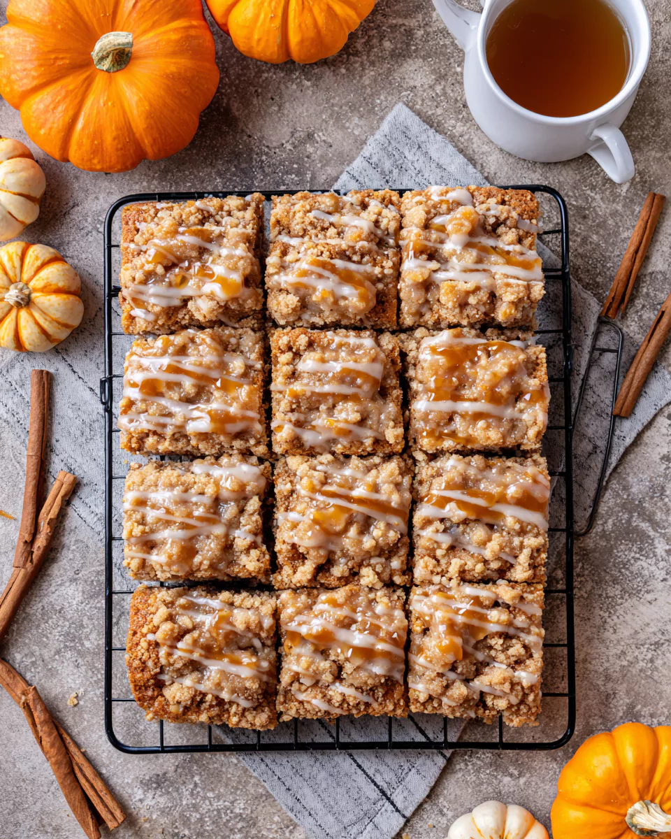 Pumpkin spice coffee cake cut into squares with streusel topping