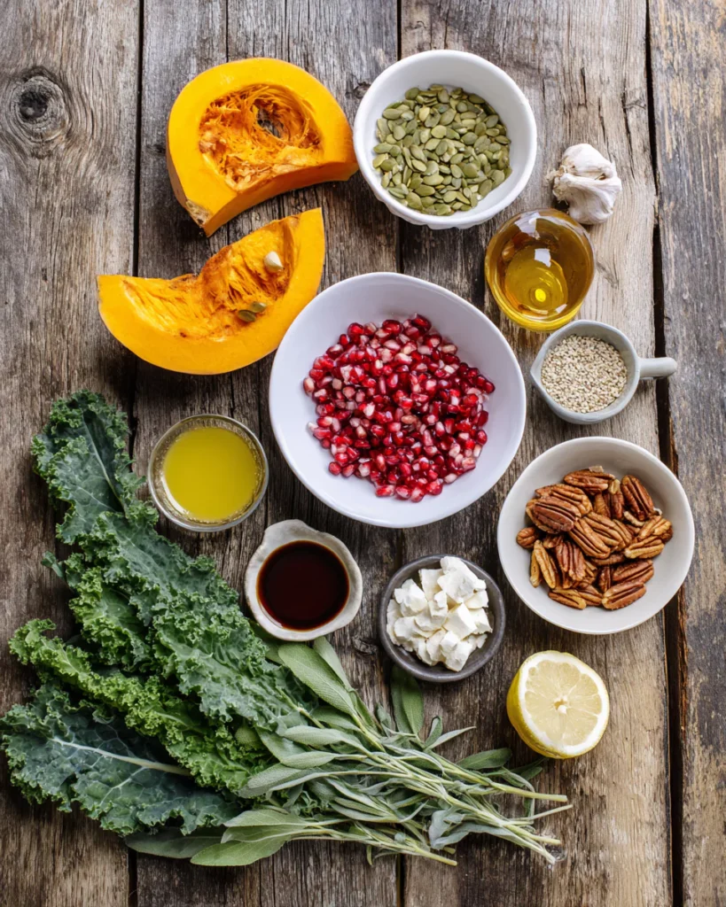 roasted pumpkin salad ingredients flat lay