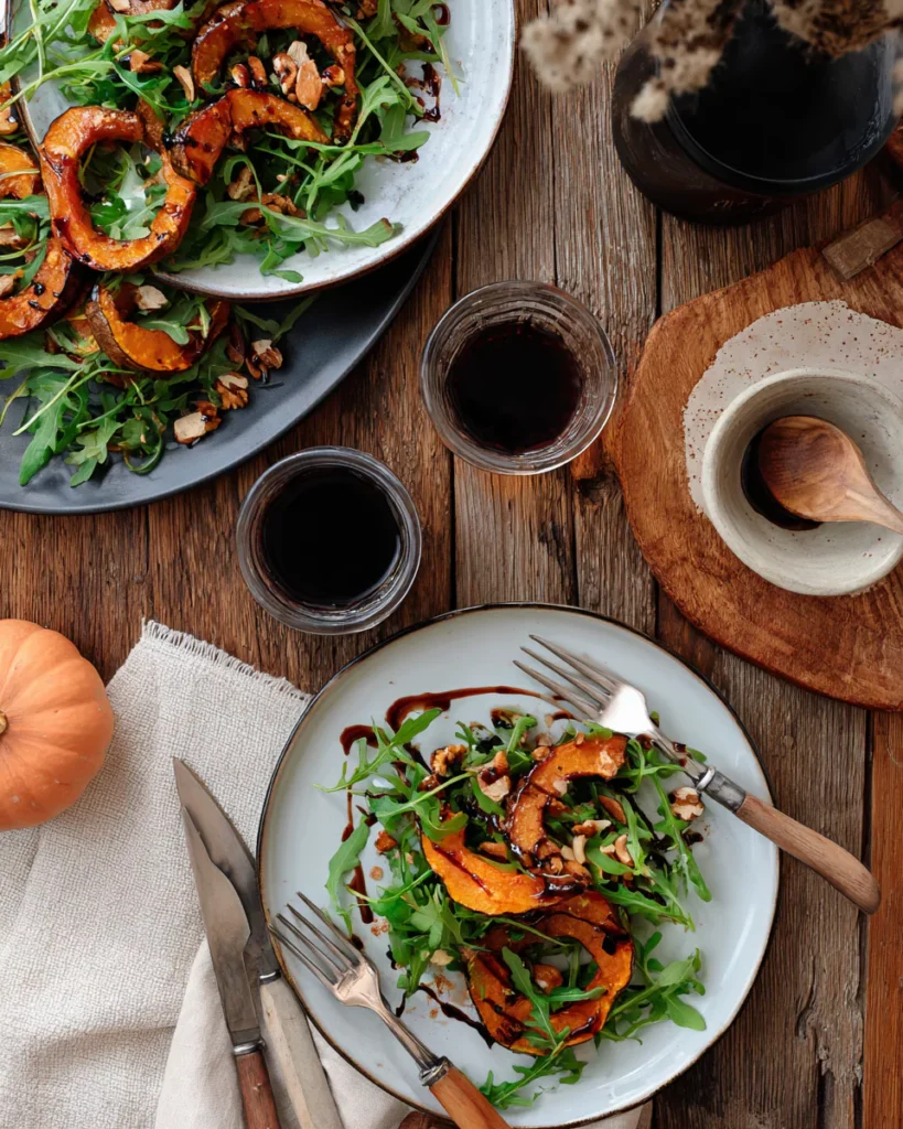 serving roasted pumpkin salad with balsamic