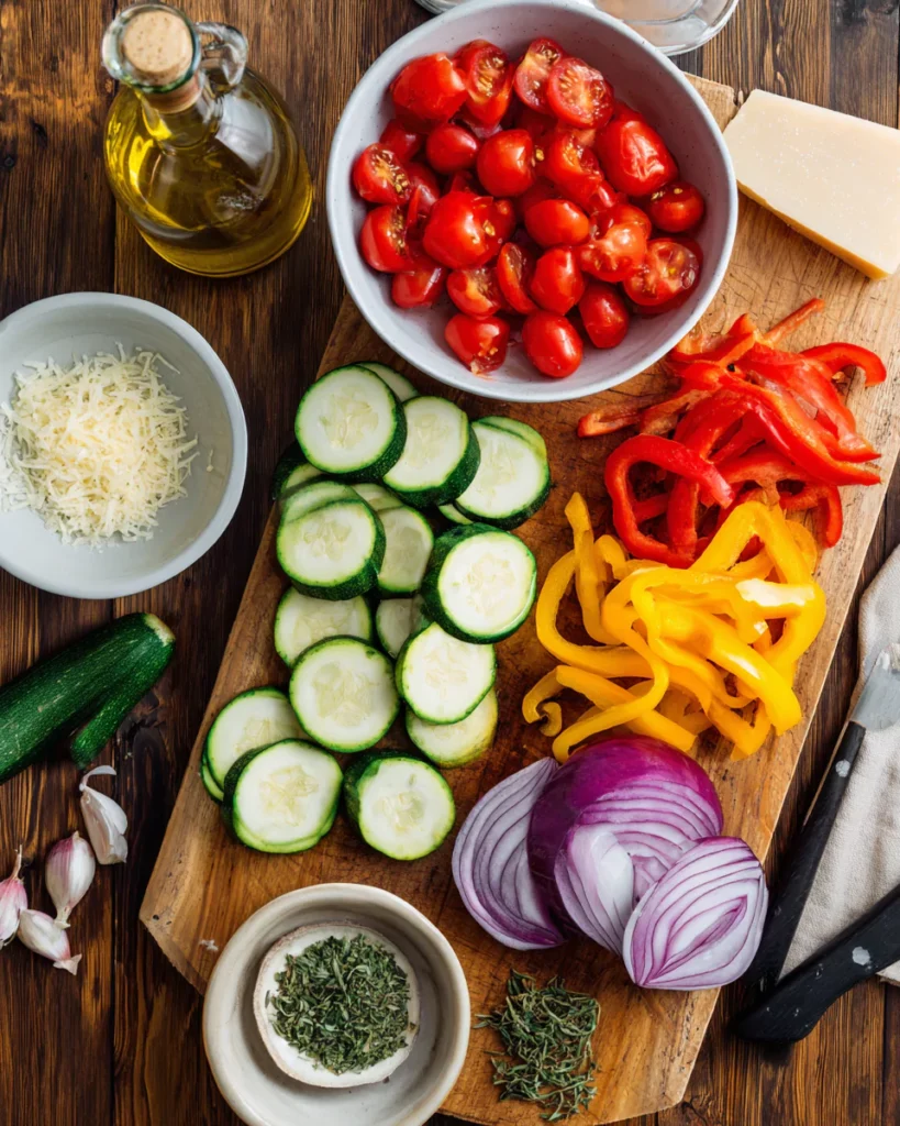 Fresh ingredients for roasted vegetable pasta recipe