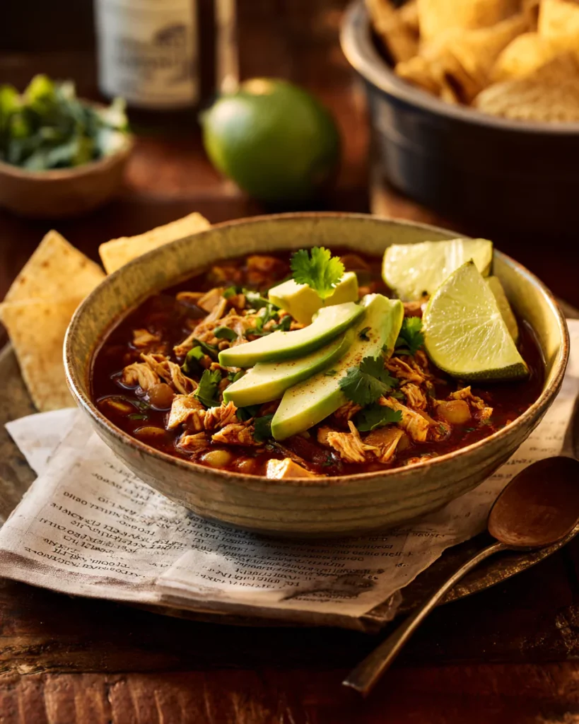 rotisserie chicken chili served with avocado and lime