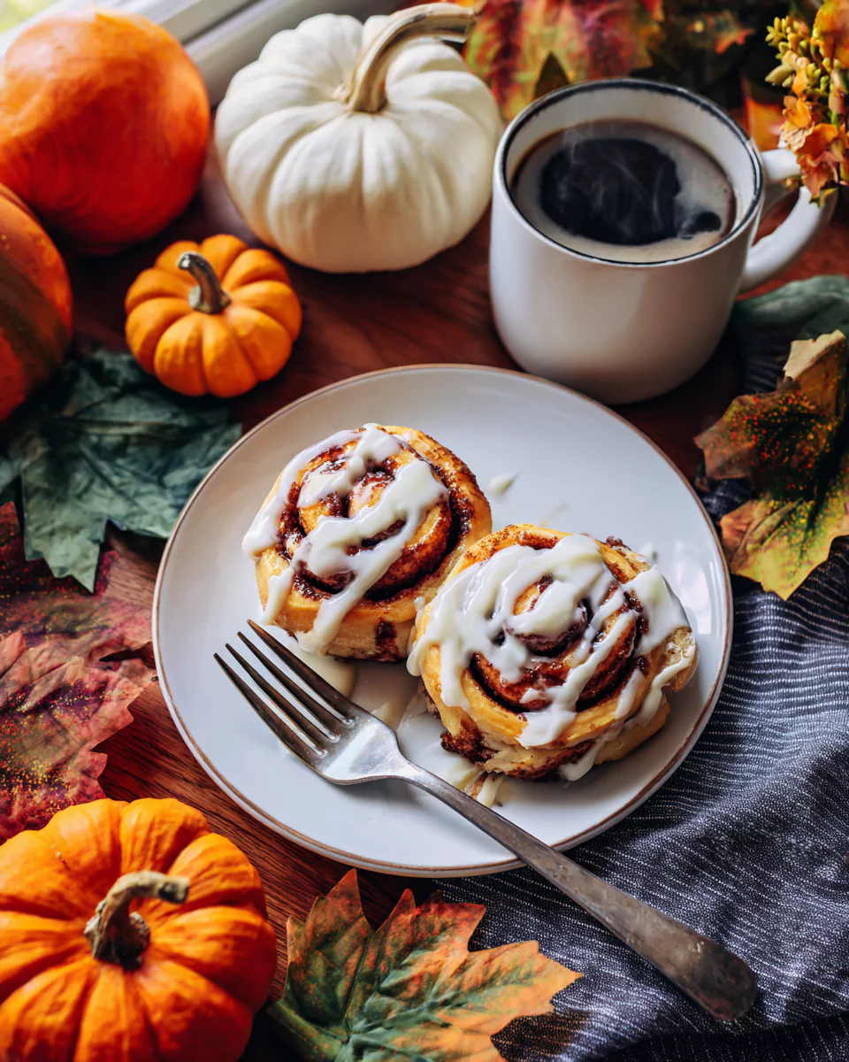 Serving Brown Butter Pumpkin Cinnamon Rolls with icing