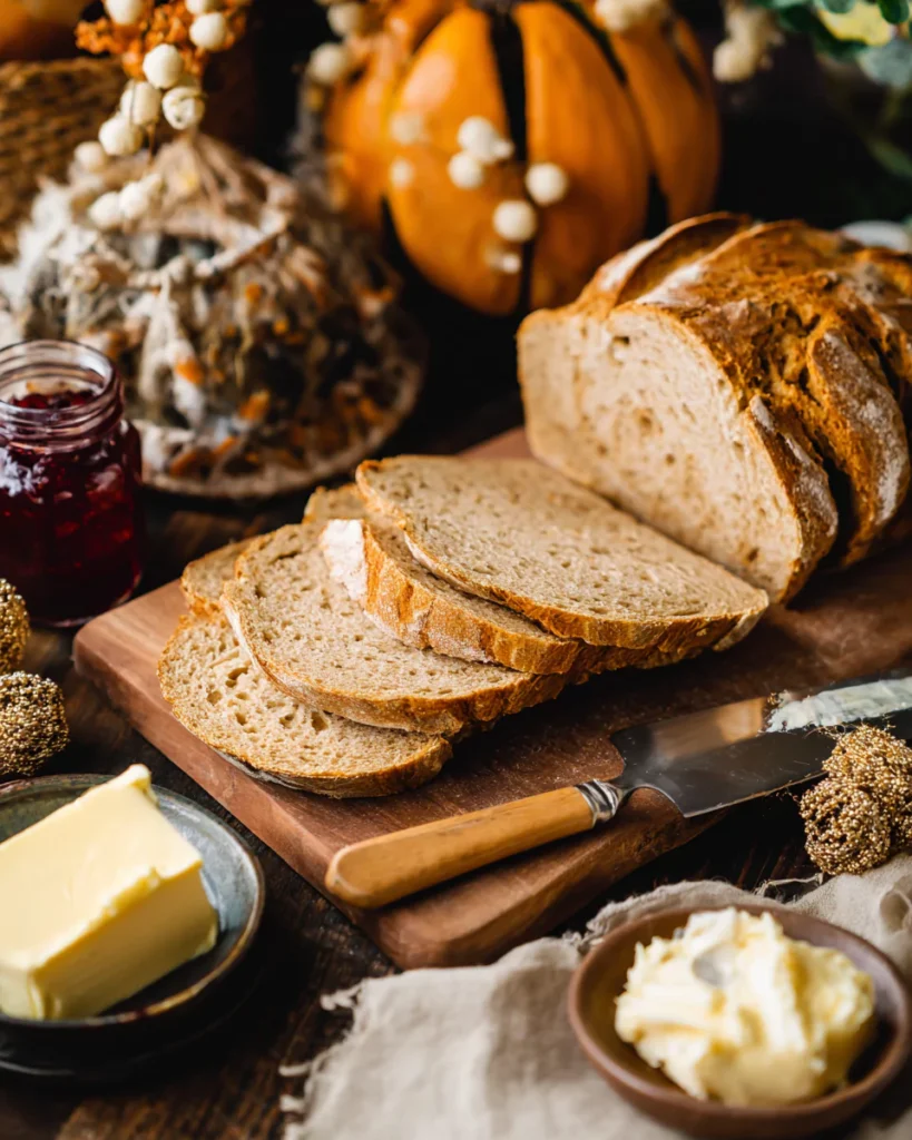 Serving pumpkin shaped sourdough bread slices