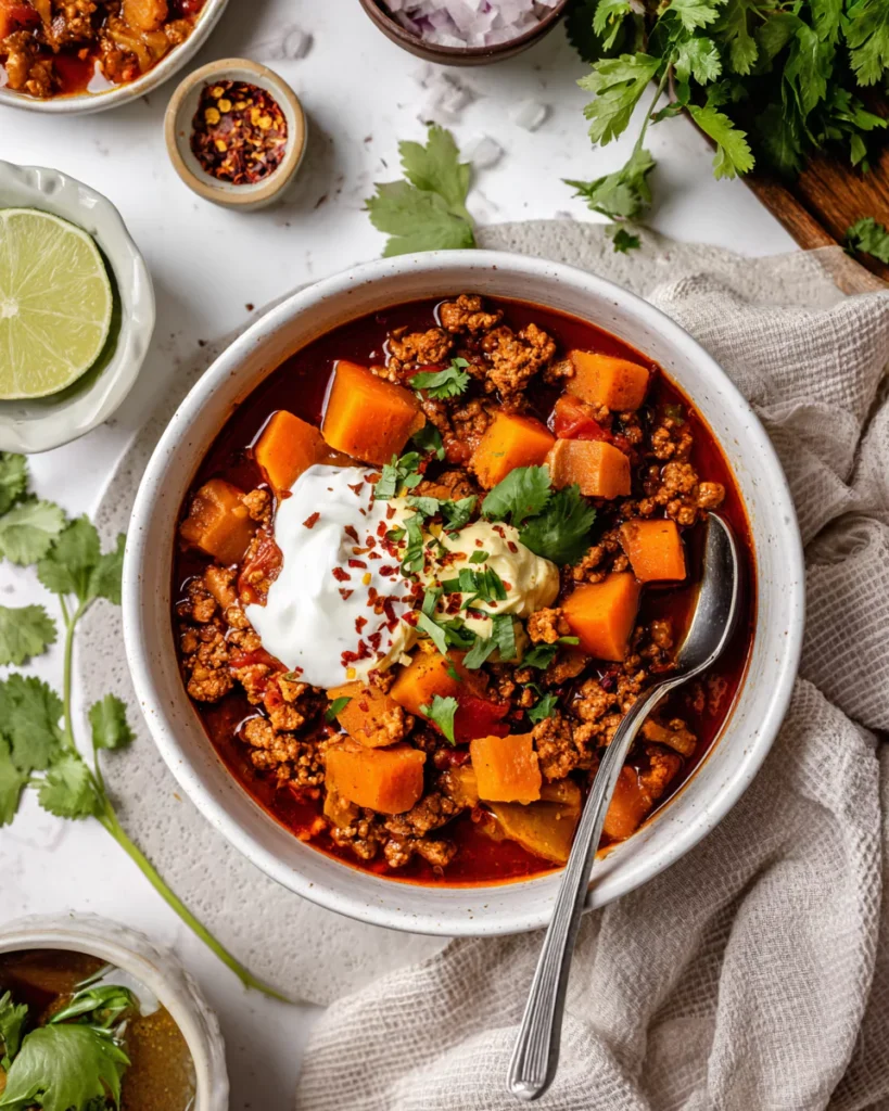 Recipe card image of turkey pumpkin chili with toppings