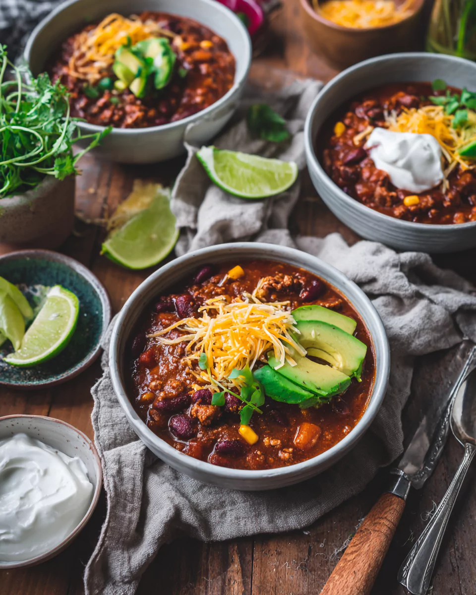 Bowl of turkey pumpkin chili with avocado and cheese