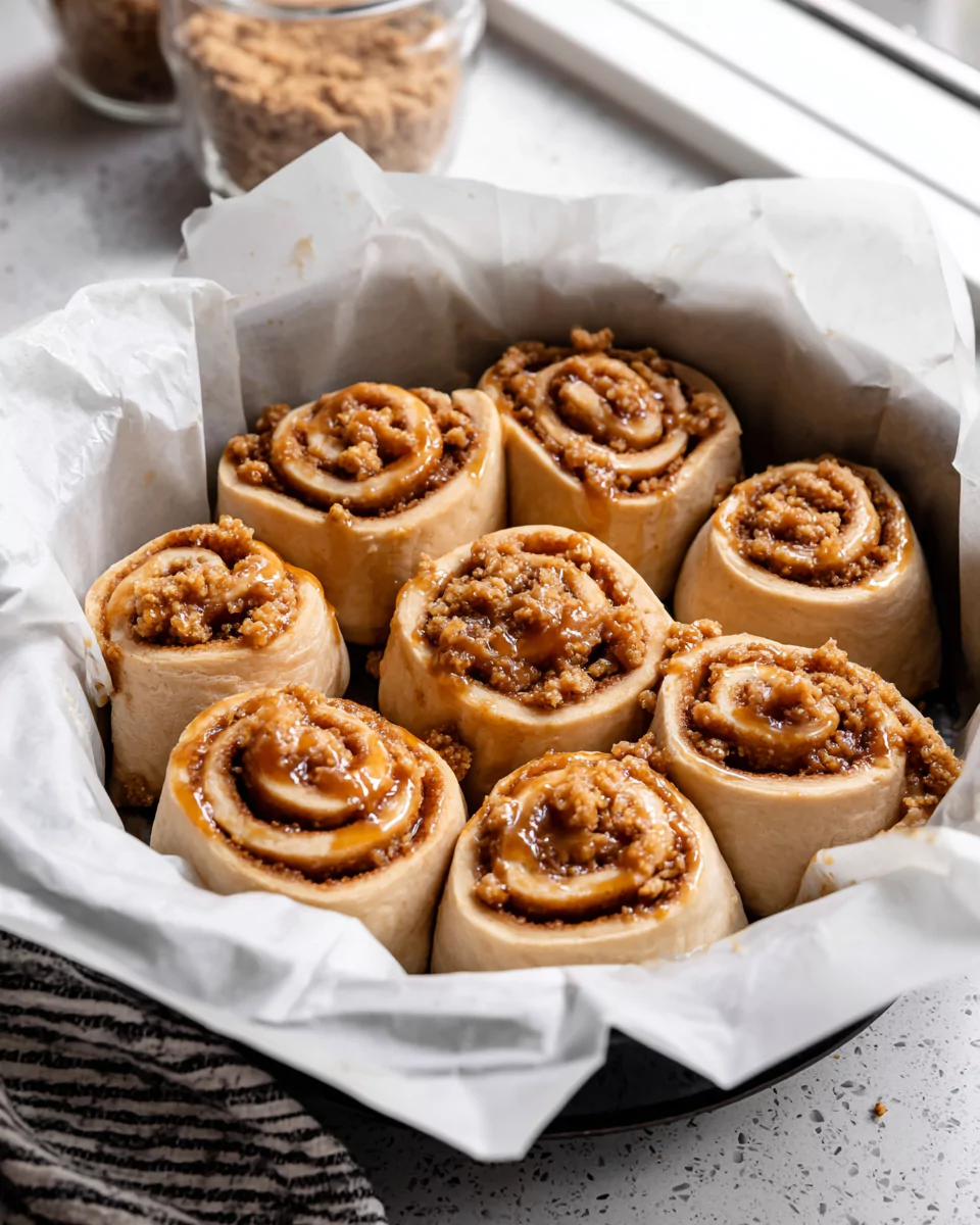 Unbaked Brown Butter Pumpkin Cinnamon Rolls in pan