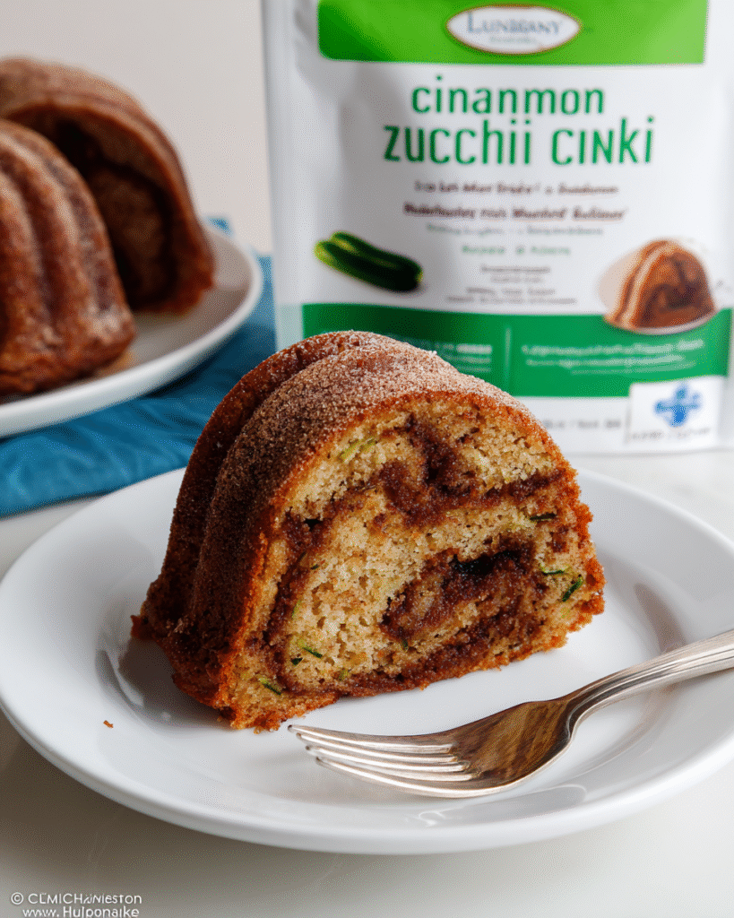 Slice of Cinnamon Bundt Pan Zucchini Bread with sugar glaze