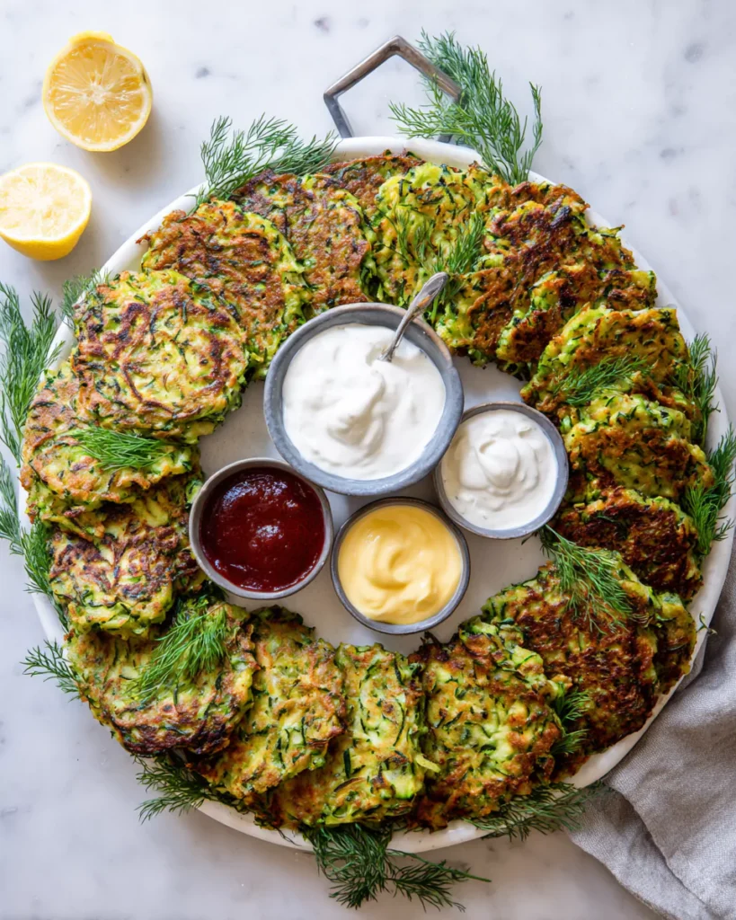 Serving zucchini fritters with dipping sauces
