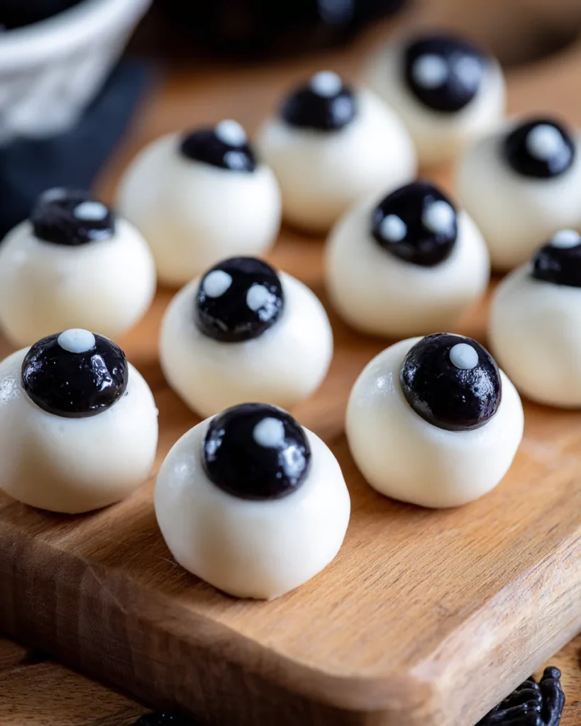 Making mozzarella olive eyeballs for pasta salad