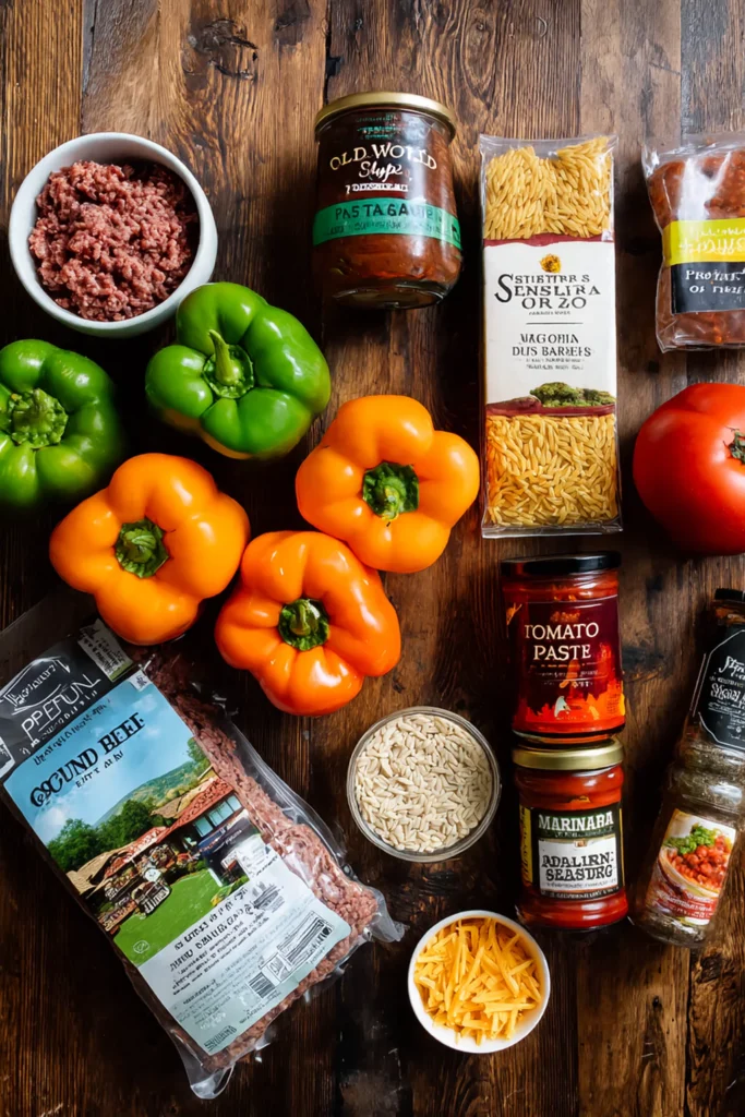 Halloween stuffed peppers ingredients flat lay