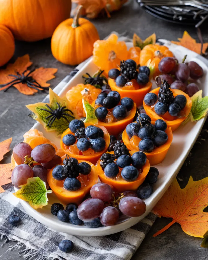 Jack-O-Lantern Orange Fruit Cups ready to serve