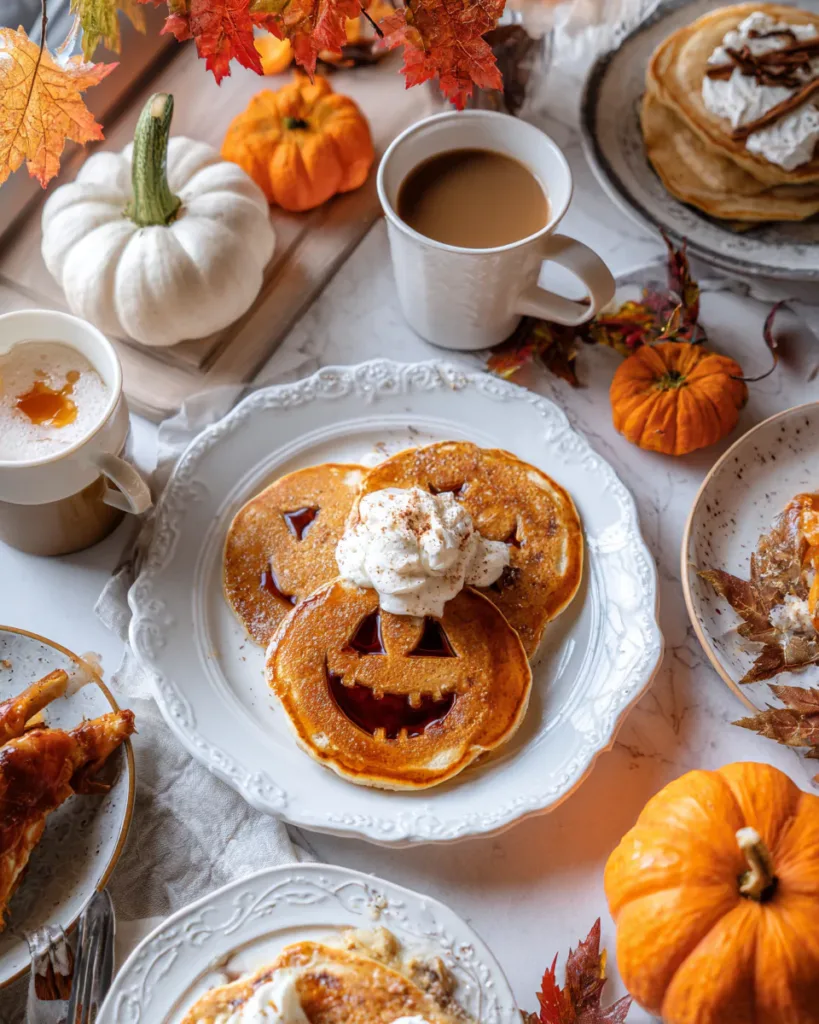 Jack O Lantern Pancakes served with syrup and butter