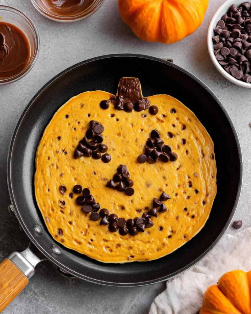 Jack O Lantern Pancake with chocolate chip face