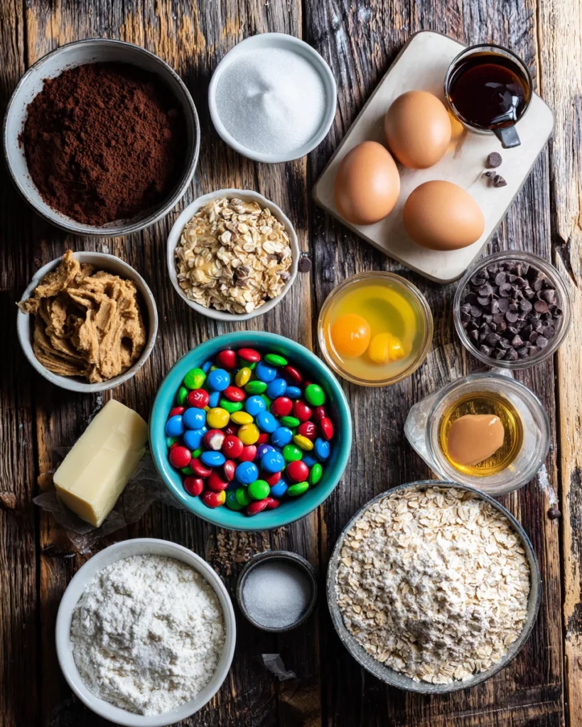 Monster Cookie Fudgy Brownies ingredients flat lay with cocoa, sugar, peanut butter, and M&Ms