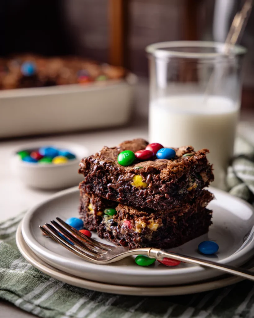 Served Monster Cookie Fudgy Brownies with M&Ms and chocolate chips