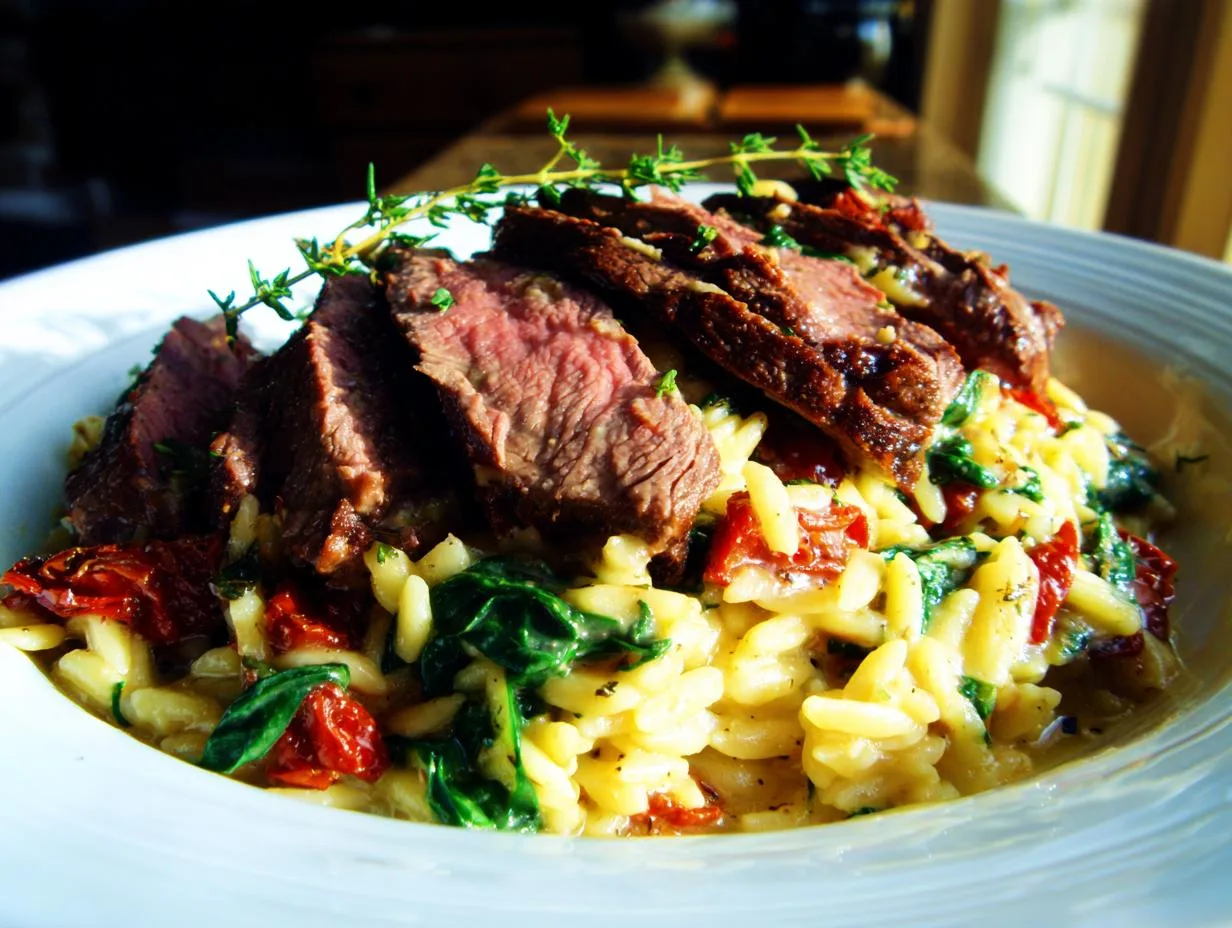 35-Minute Flank Steak Creamy Orzo- Irresistibly Delicious