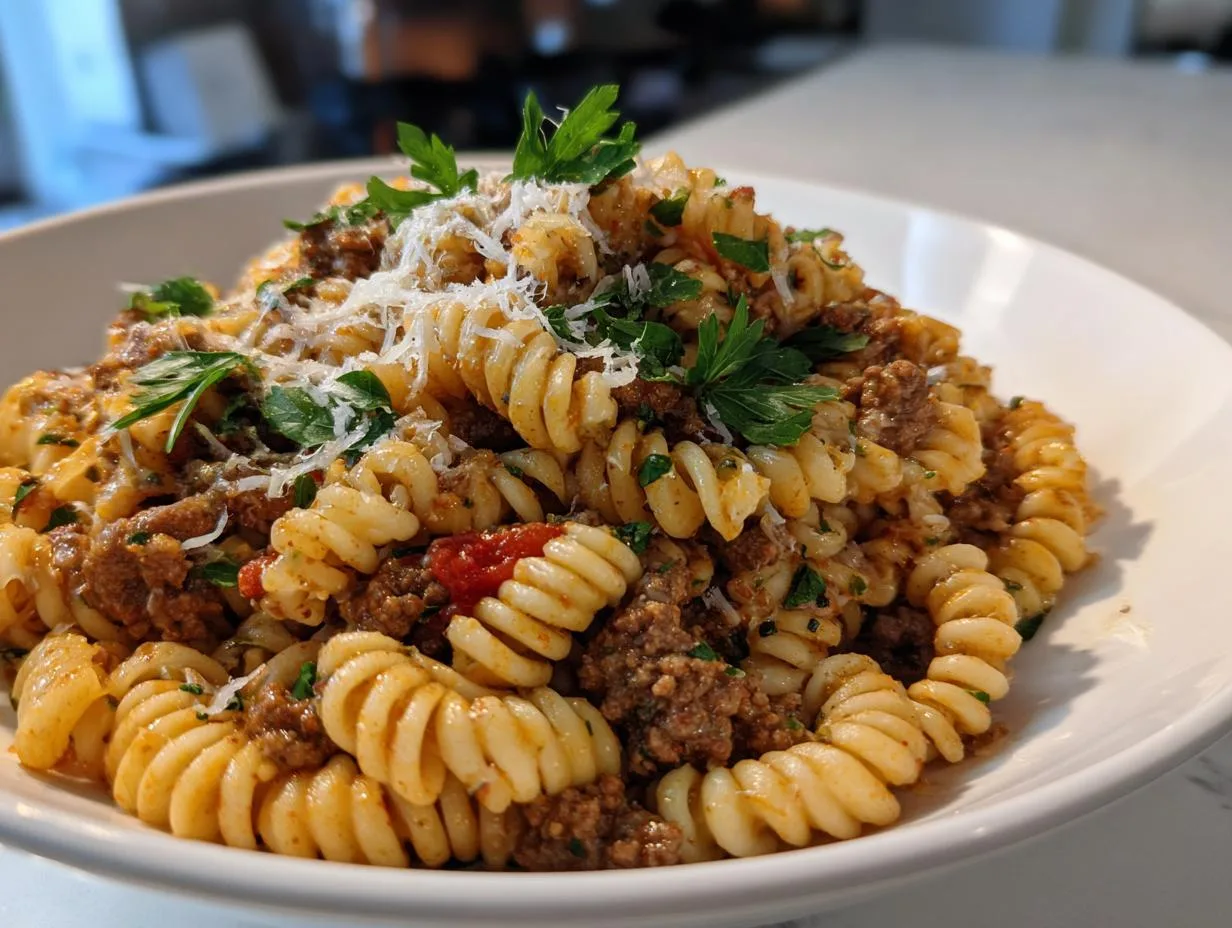 Creamy Garlic Parmesan Beef Rotini in Just 30 Minutes