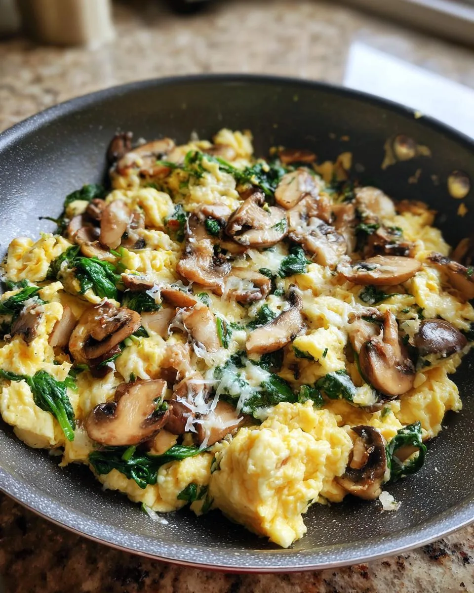 mushroom spinach scrambled eggs - detail 1