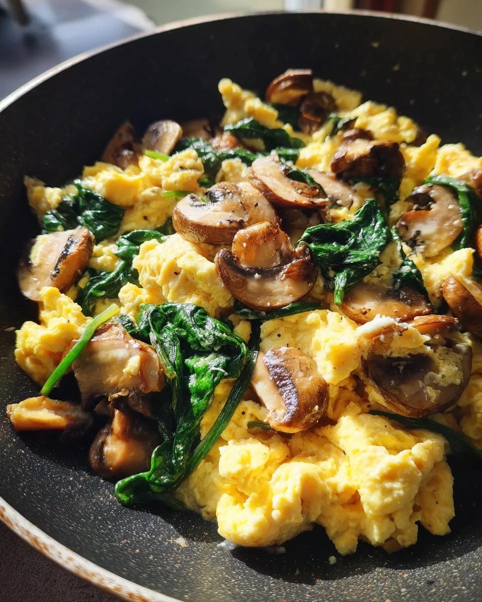 mushroom spinach scrambled eggs - detail 2