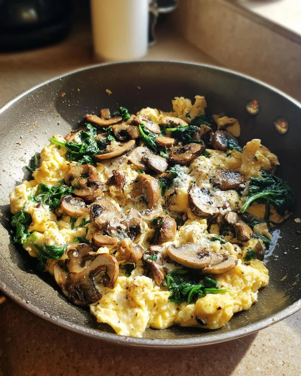 mushroom spinach scrambled eggs - detail 4