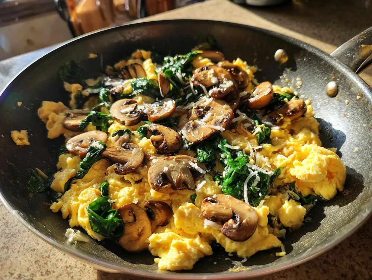 Fluffy Mushroom Spinach Scrambled Eggs in Just 15 Minutes